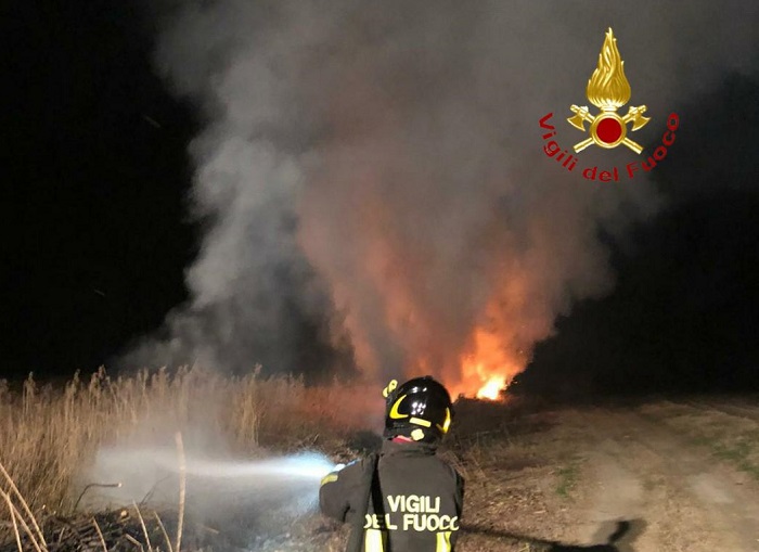 Incendio sterpaglie nella notte a Trino